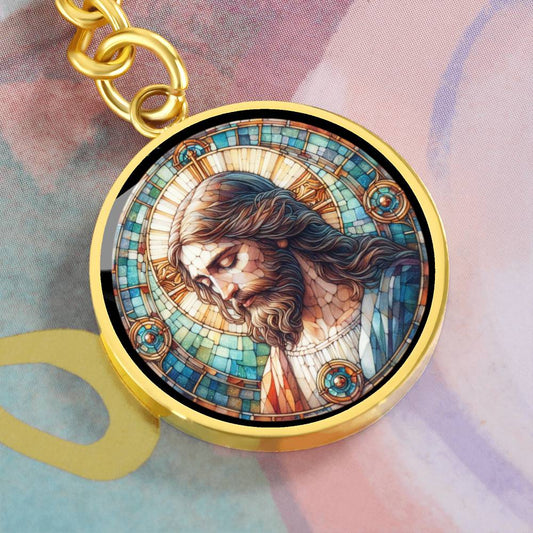 Handgefertigter Medaillon-Schlüsselanhänger mit Jesus Christus – Mosaik-Stil, Geschenk für ihn, Geburtstagsgeschenk, Glücksbringer, kostenlose Gravur